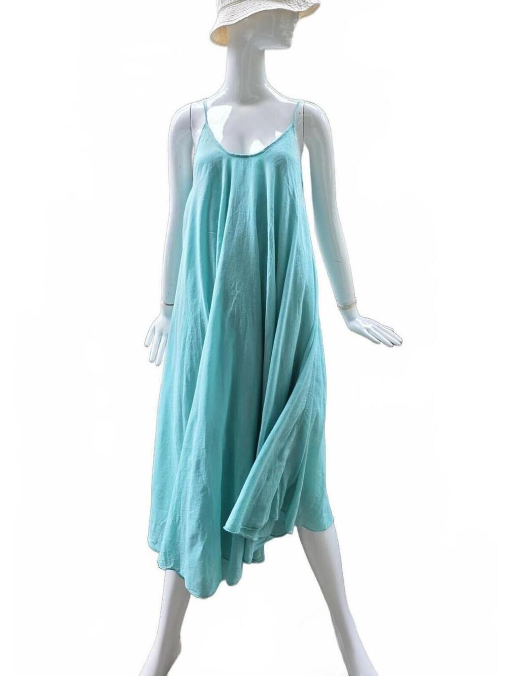 Boho Turquoise Light Spaghetti Strap Midi Dress- Flowy Relaxed Fit Retro Lg